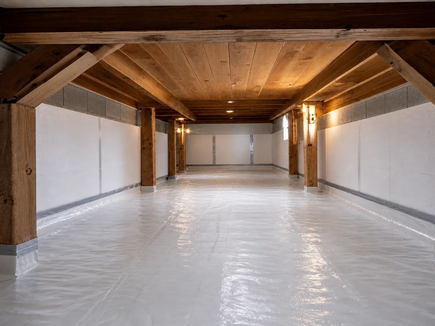 Insulated crawl space with rigid foam panels and sealed vapor barrier