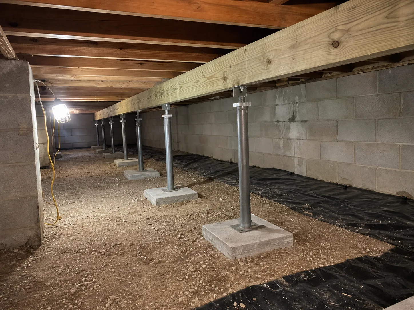 Crawl space structural repair with support posts and treated beam
