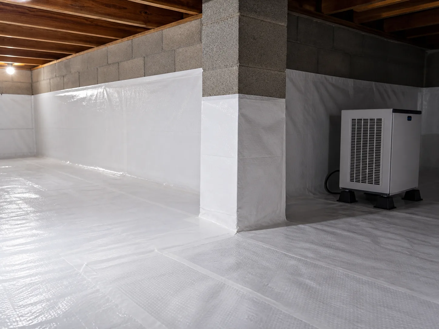 Clean crawl space encapsulation system with sealed liner and dehumidifier