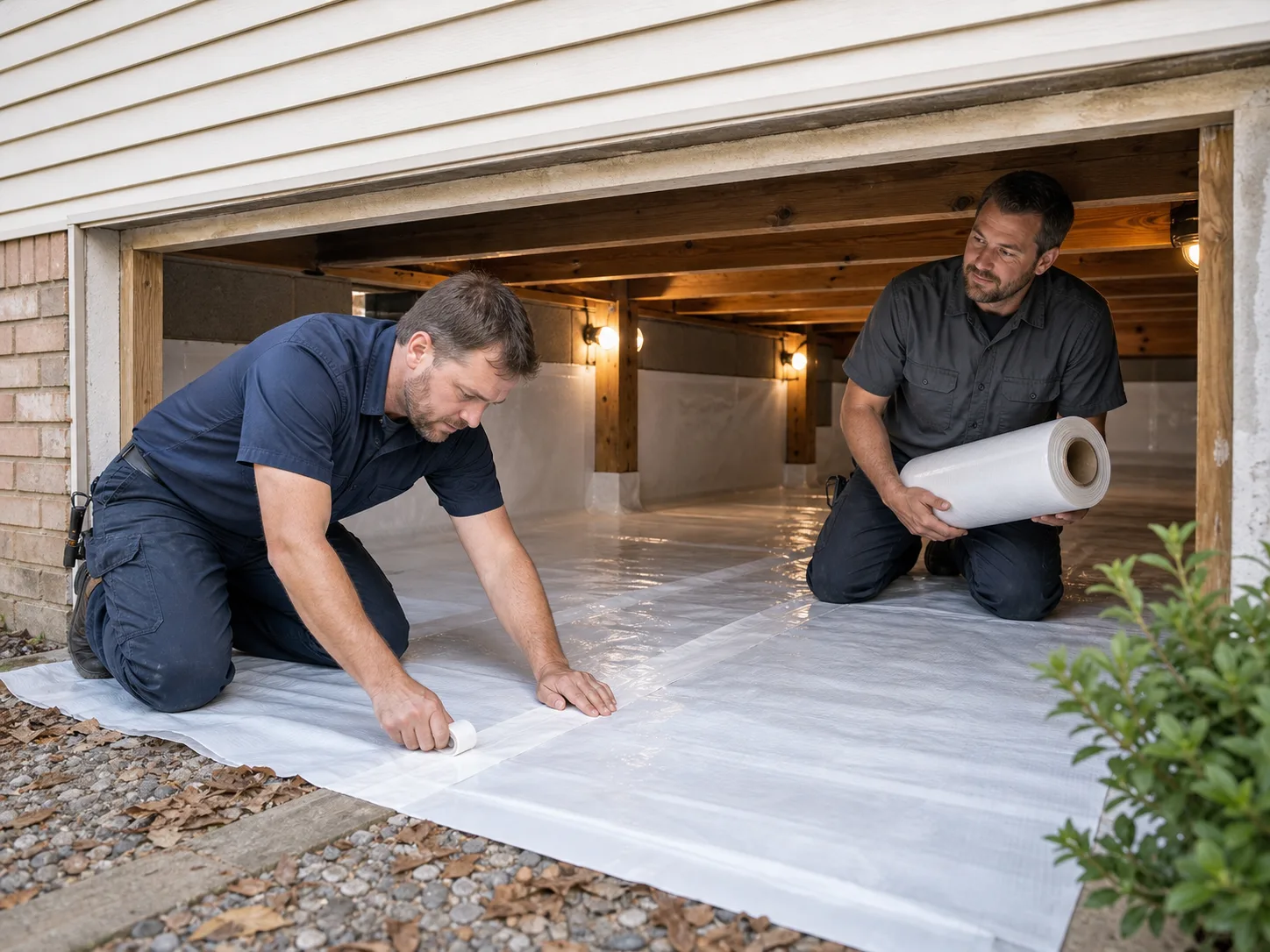 Crawl space workers installing a vapor barrier under a western Kentucky home