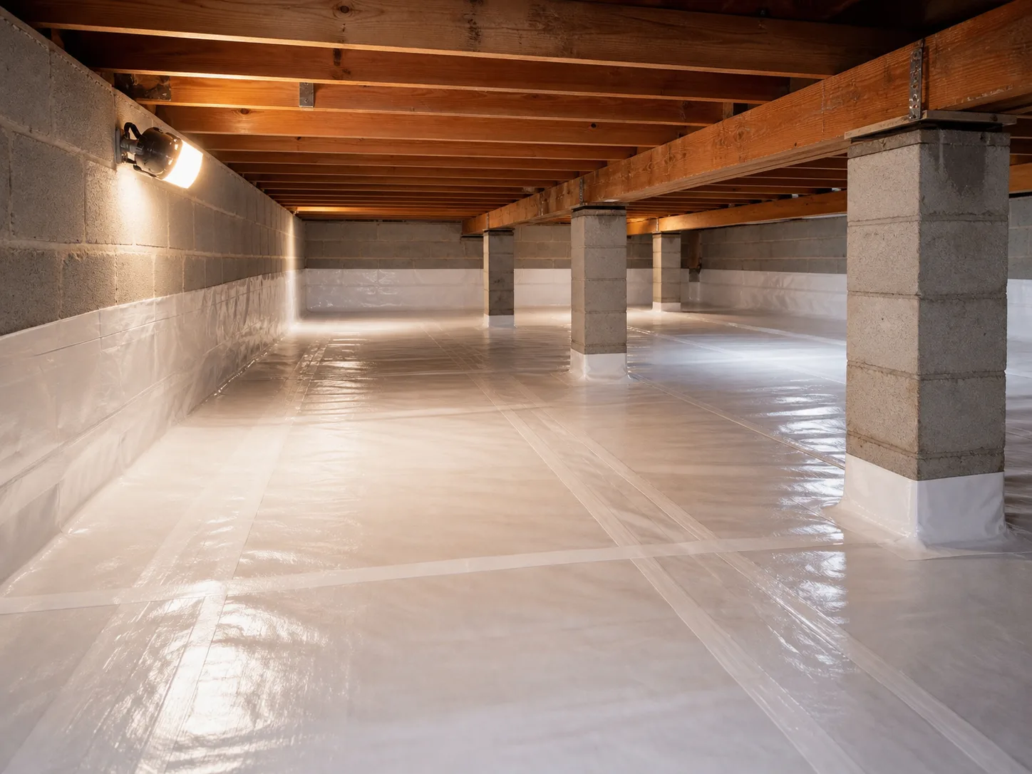 White vapor barrier installed across a crawl space floor and walls