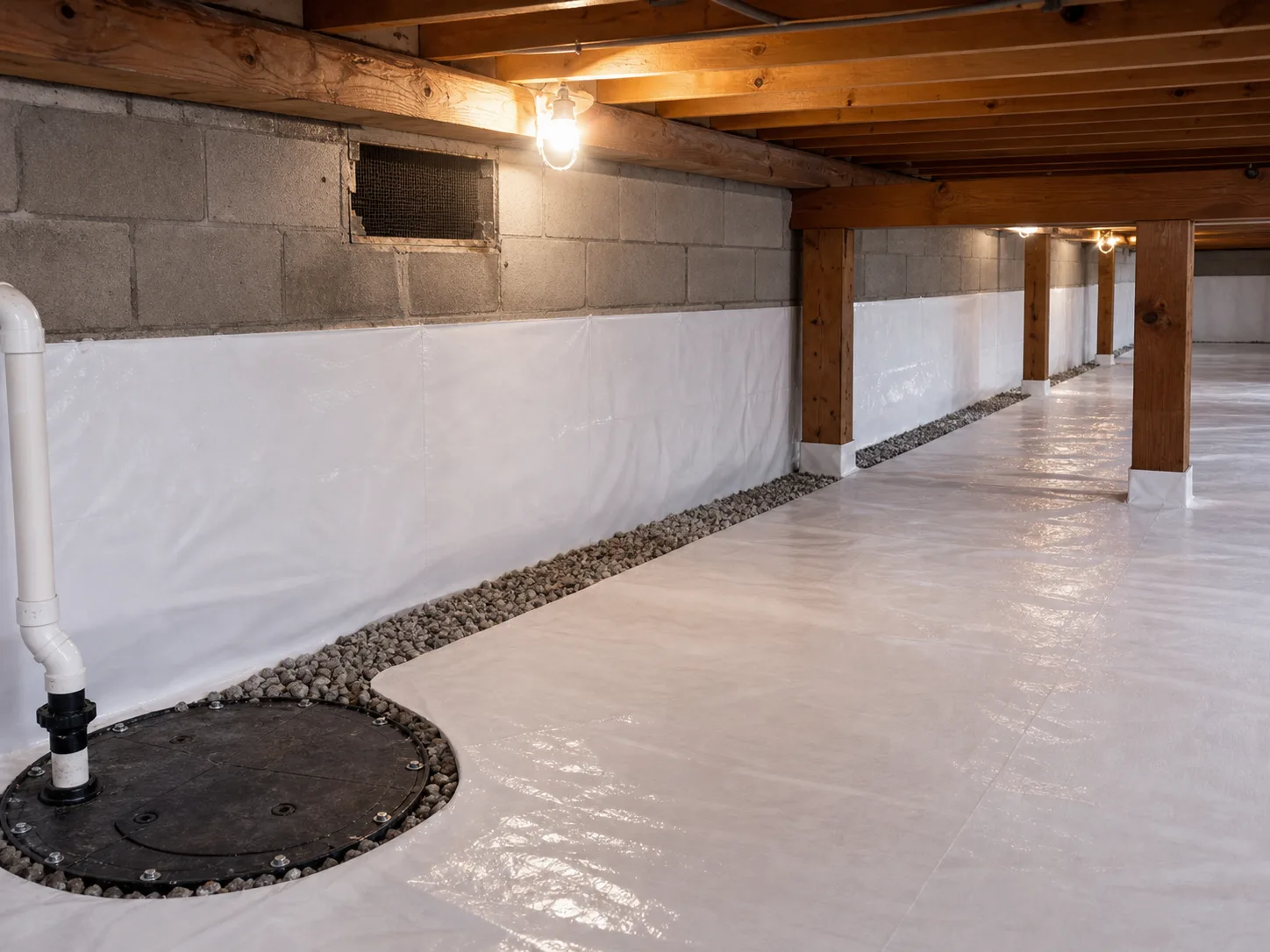 Crawl space waterproofing system with sealed sump pump and drainage channel